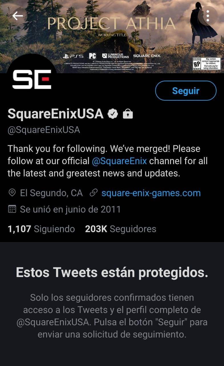 Las cuentas de Twitter de Square Enix USA y Europa aparecen bloqueadas.