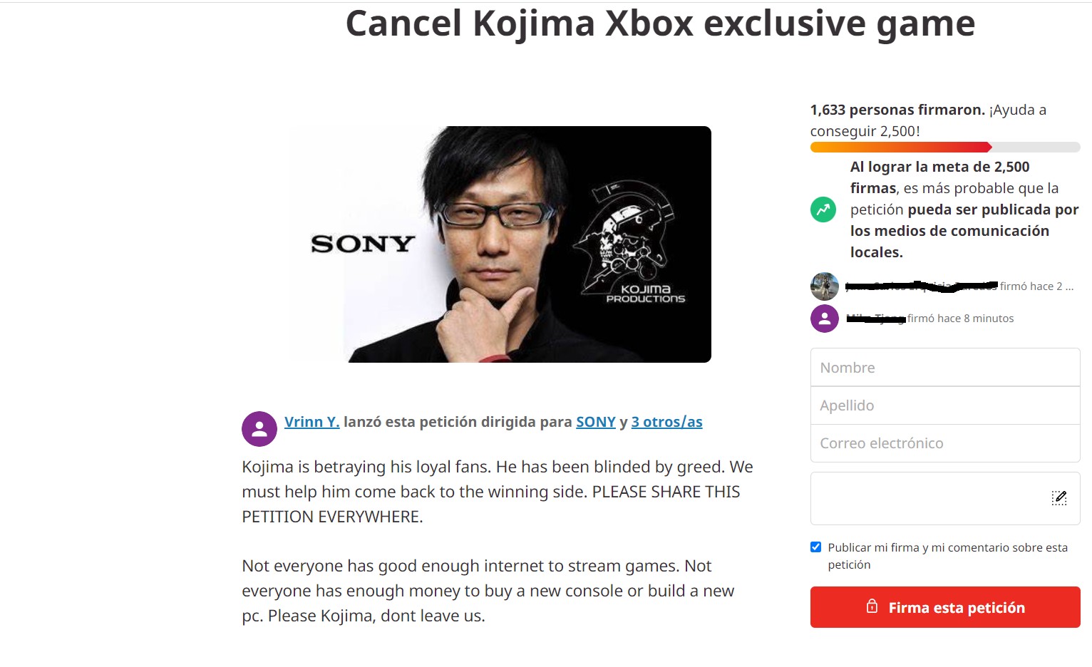 Los fans de Hideo Kojima piden la cancelación de su exclusivo para Xbox 1