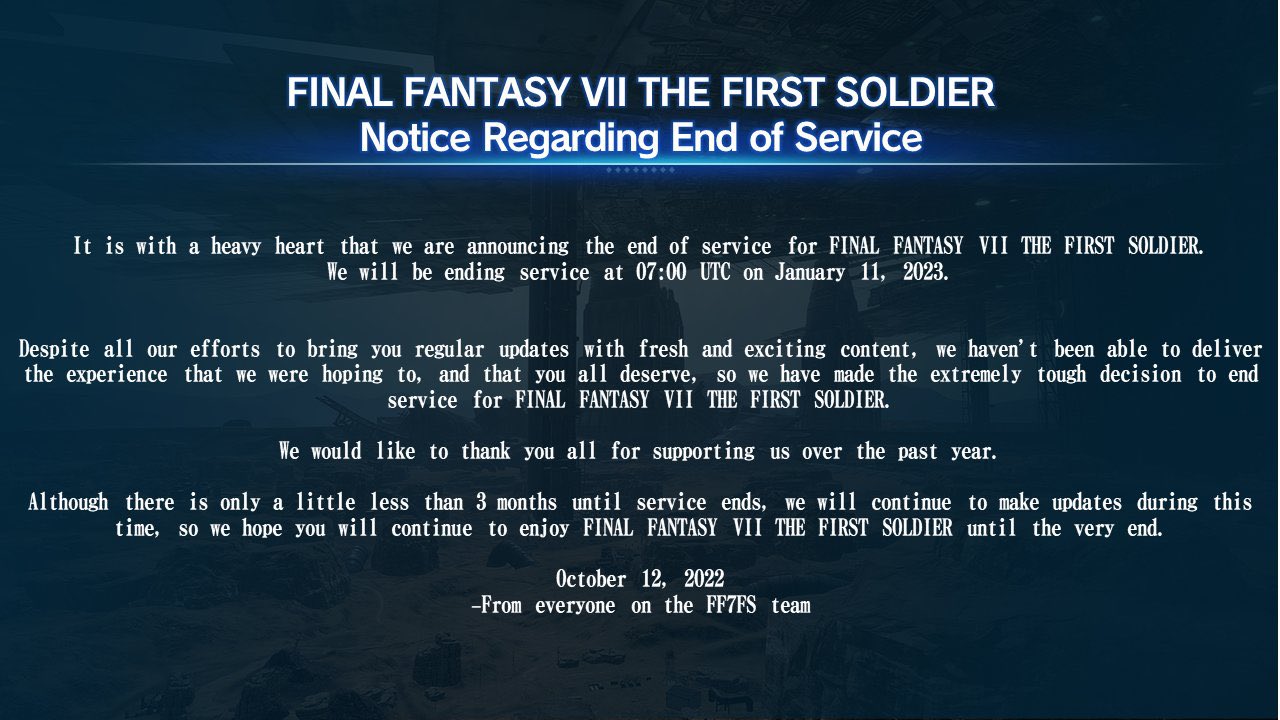 Final Fantasy VII The First Soldier cierra definitivamente 1