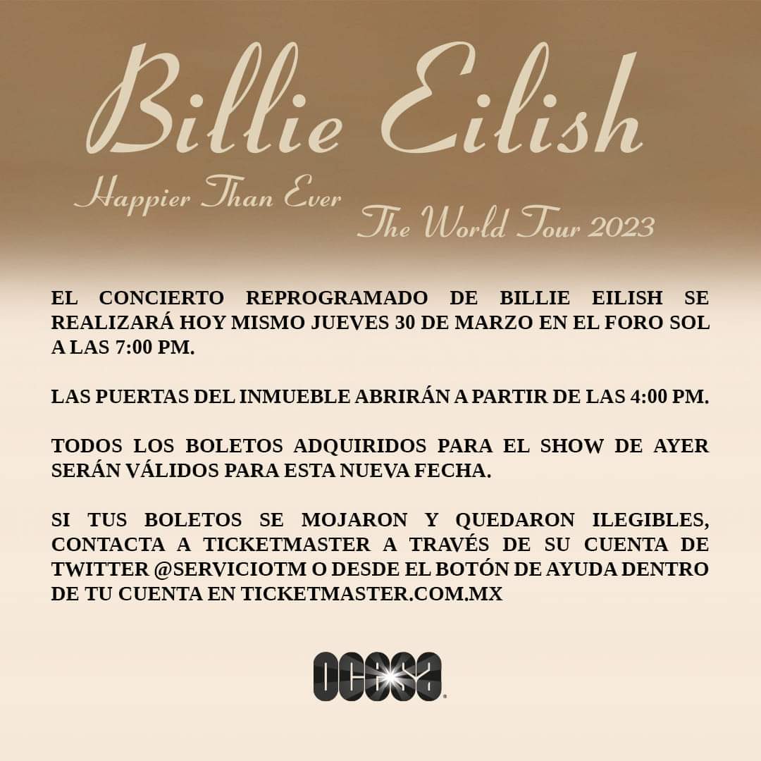 Concierto de Billie Eilish se realizará hoy 30 de marzo 17