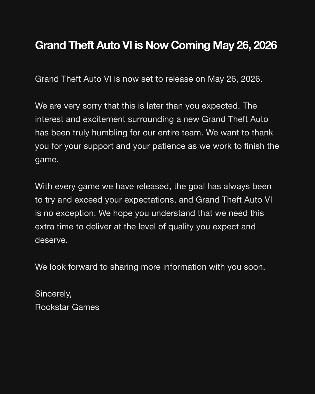 Rockstar anuncia cambio de fecha de GTA VI 1 GTA VI retrasado 26 de mayo de 2026